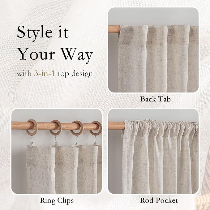 MYSKY HOME Boho Curtains 72 Inch Length, Natural Linen Semi Sheer Drapes - Image 4