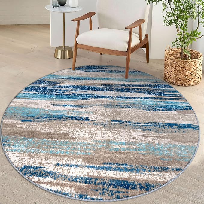 Lansny Modern Abstract Round Rug 5Ft, Circular Dining Room Rugs Thin Print Faux by lansny