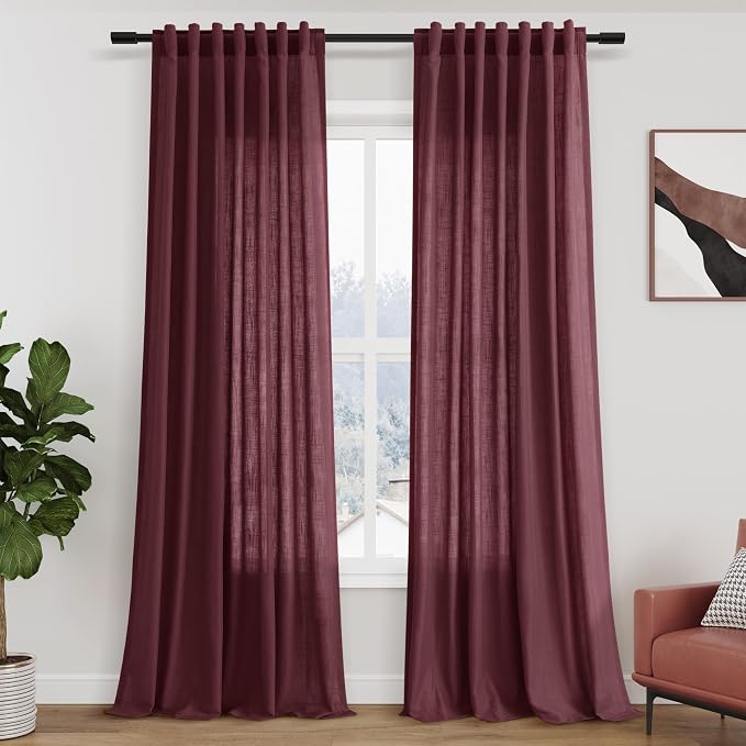Burgundy Linen Curtains 90 Inch Long 2 Panels Set by Nanspring