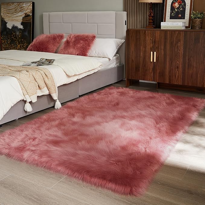 AMTOVO Faux Fur Sheepskin Rug for Living Room, 4 x 6 ft Blush Pink Fluffy Area - Image 5