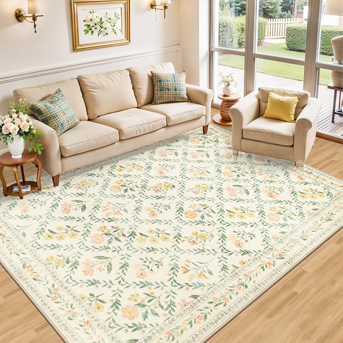Area Rug Living Room Rugs: Floral 5x7 Washable Rug Vintage Soft Boho Non-Slip - Image 2
