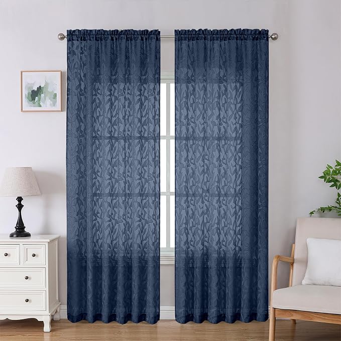 Lecloud Leia Navy Blue Sheer Curtains 90 Inches Long 2 Panels, Airy Leaf by Lecloud