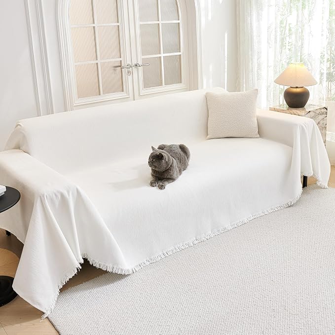 MYSKY HOME Couch Covers for Pets Thick Chenille White Cream Sofa Slipcover - Image 9