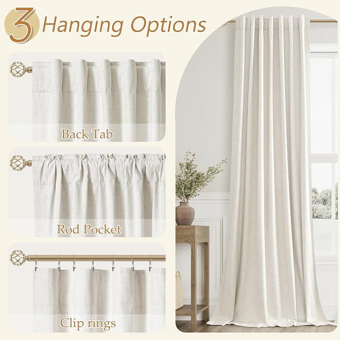 Cream 100% Blackout Linen Curtains 86 Inch Length 2 Panels Set - Image 5
