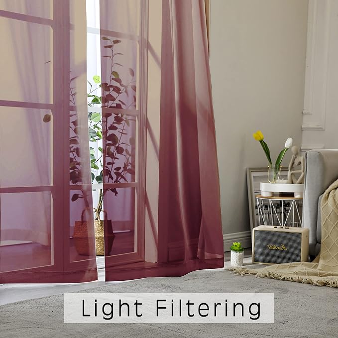 OWENIE Burgundy Red Sheer Curtains 72 Inches Long 2 Panels Set, Transparent - Image 2