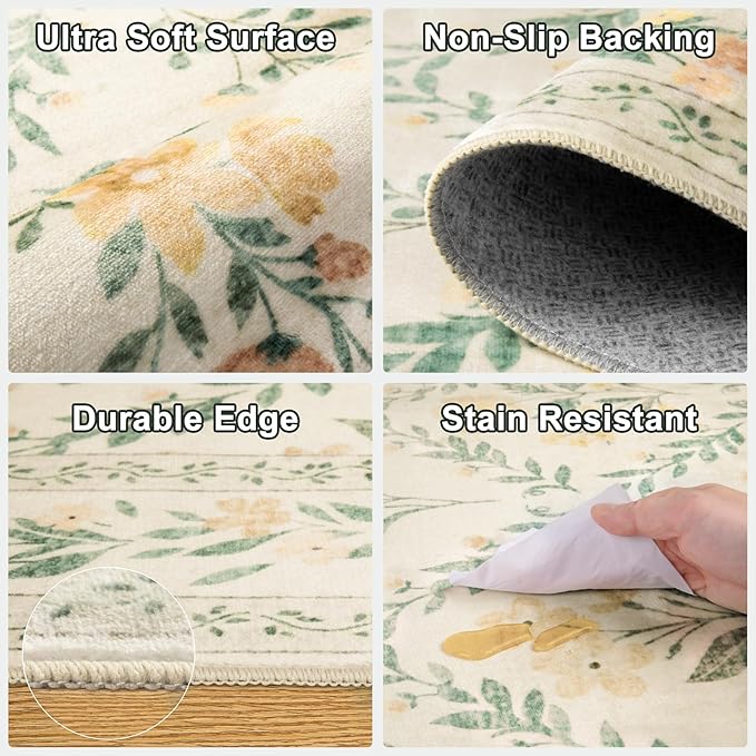 Area Rug Living Room Rugs: Floral 5x7 Washable Rug Vintage Soft Boho Non-Slip - Image 7