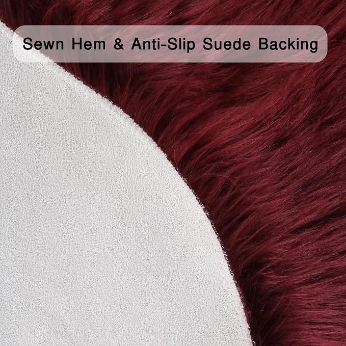duduta Burgundy Faux Sheepskin Runner Rug 2x6 ft, Fluffy Shag Bedroom Dorm Rug - Image 4