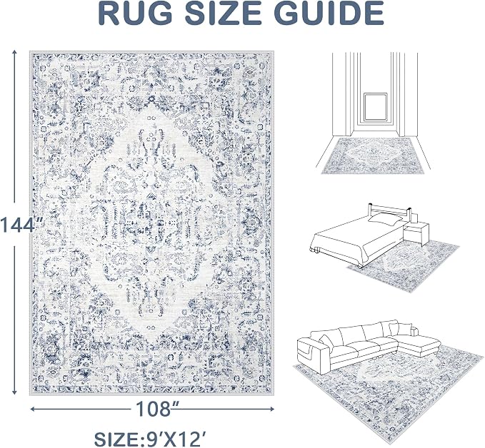 9x12 Area Rugs for Living Room: Washable Rug Vintage Large Rugs Soft Non Slip - Image 2