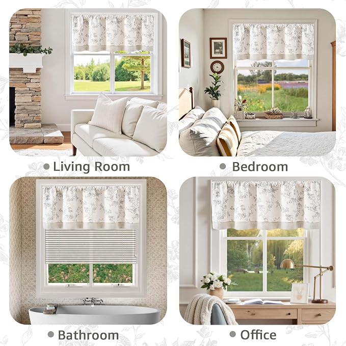 jinchan Linen Kitchen Valance for Windows 16 Inch Gray Floral Double Layer - Image 5