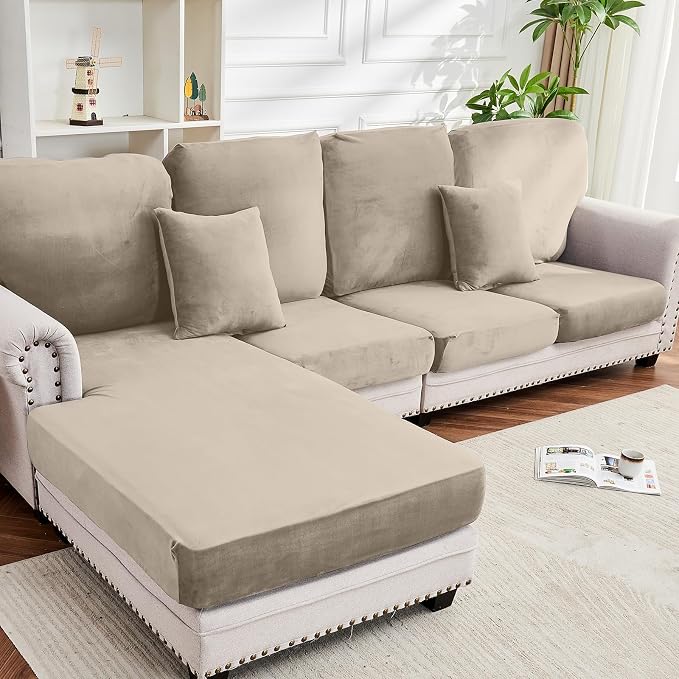 Couch Cover 8-Piece Elastic Velvet Couch Cushion Covers & Chaise Slipcovers by Taque