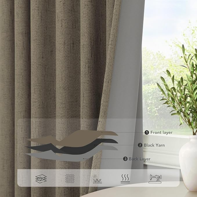 Linen Brown Curtains for Bedroom 84 Inch Long 2 Panel Burg 100% Blackout Back - Image 5