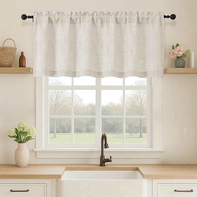 OVZME Natural Valance for Windows, Light Filtering Faux Linen Textured Small by OVZME