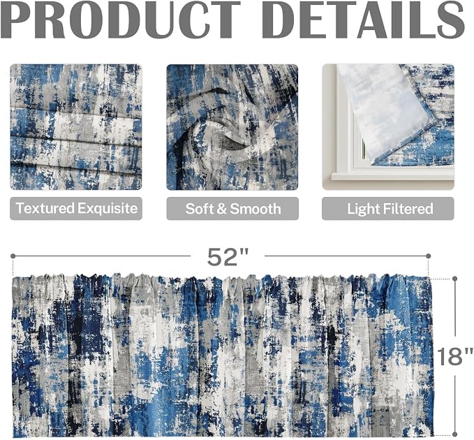 Emvency 4 Pack Valances Window Treatments, Abstract Modern Blue Grey Rustic - Image 3