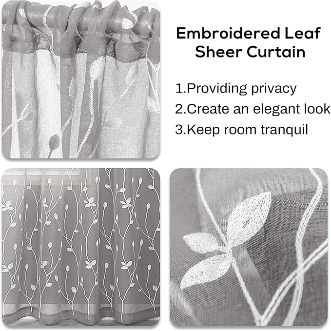 AmHoo 2 Panels Embroidered Leaf Pattern Semi Sheer Curtains Foliage Floral - Image 4