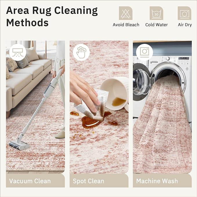 5x7 Area Rugs Pink Low Pile Indoor Washable Trendy Faded Style Rugs - Image 5