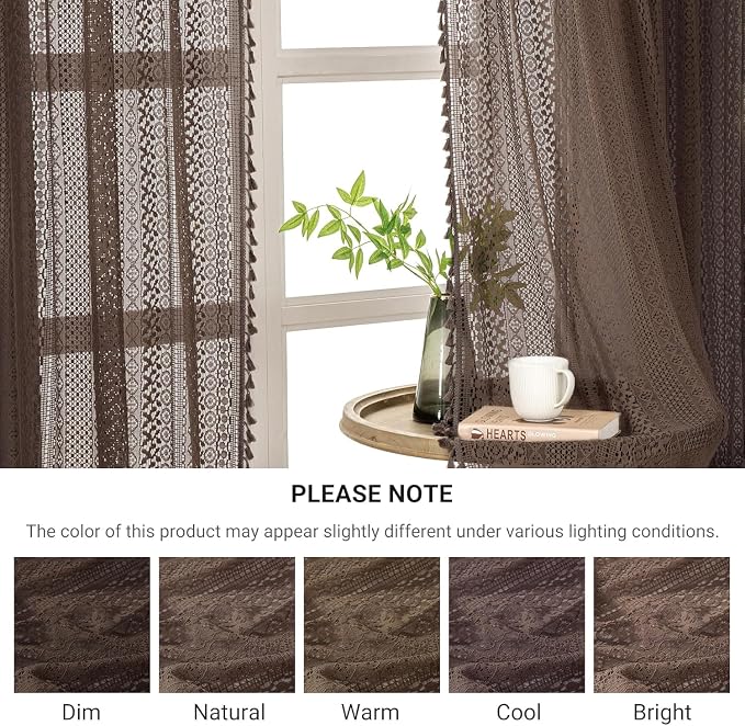WAZZIO Boho Lace Curtains 63 Inches 2 Panel, Light Filtering Privacy Tassel & - Image 7