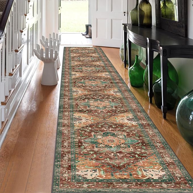 Washable Runner Rug, Stain Resistant & Low Pile Faux Wool Distressed Carpet by Yamaziot
