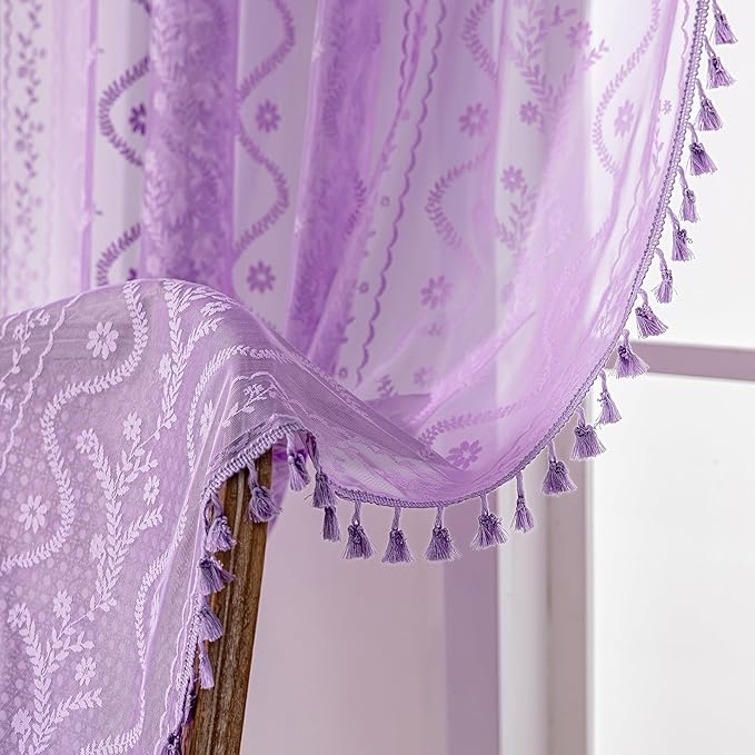 WAZZIO Boho Lace Curtains 84 Inch 2 Panels -Sheer Panel Drape Floral Pattern & - Image 7