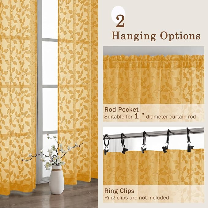 Chyhomenyc Gold Sheer Curtains 63 Inch Length 2 Panels Set, Light Filtering - Image 8