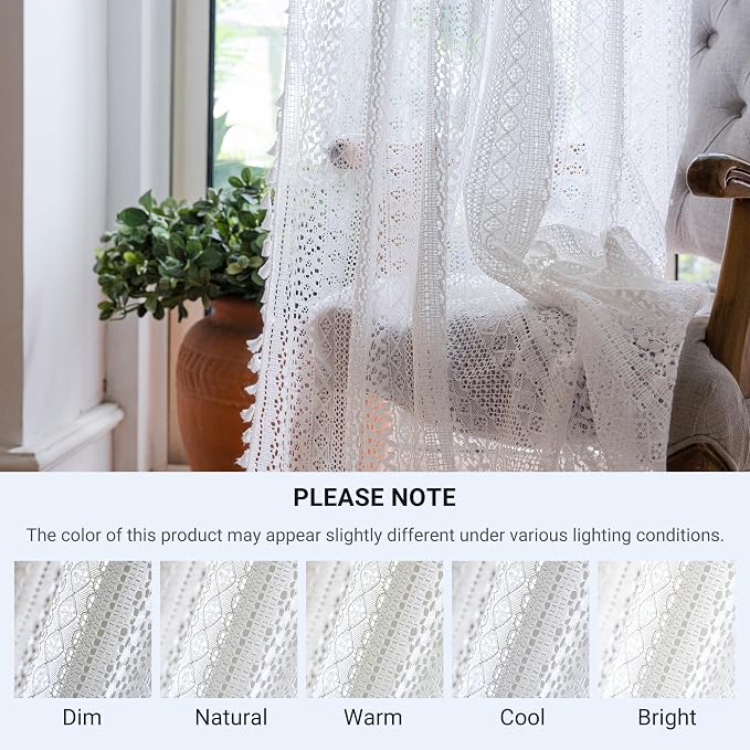 WAZZIO Boho Lace Curtains 72 Inches 2 Panel, Light Filtering Privacy Tassel & - Image 5