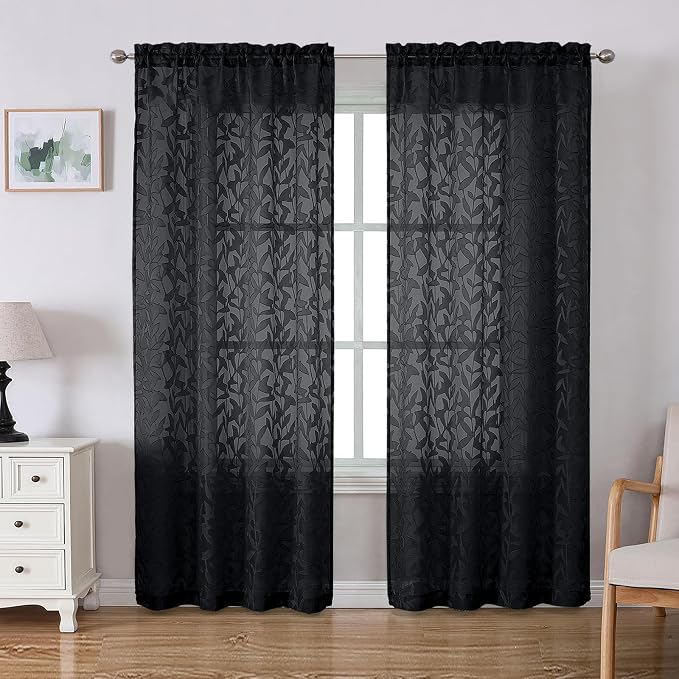 Lecloud Leia Black Sheer Curtains 72 Inches Long 2 Panels, Jacquard Leaf by Lecloud