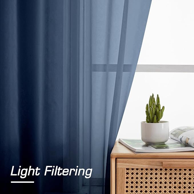 Simplebrand Navy Blue Sheer Curtains 90 Inches Long 2 Panels, Light Filtering - Image 2