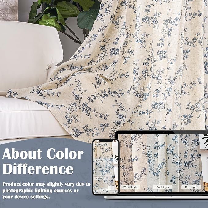 Lazzzy Blue Floral Linen Curtains 84 Inch Length Farmhouse Curtain Back Tab - Image 6