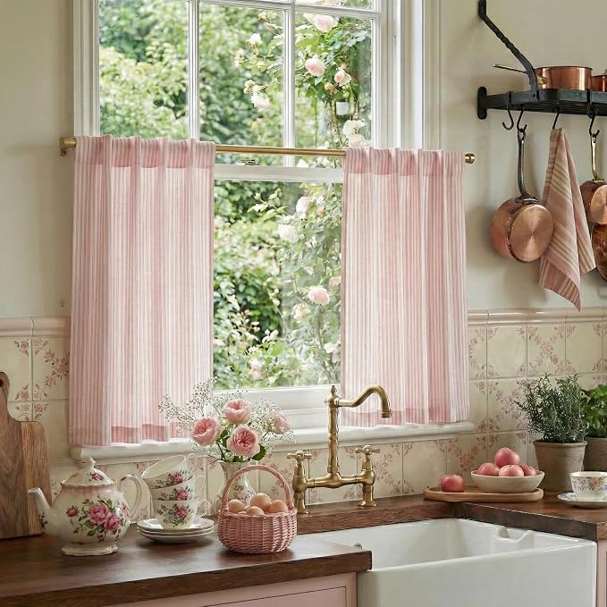 RYB HOME Cafe Striped Curtains for Kitchen Bathroom Small Window, Linen by RYBHOME