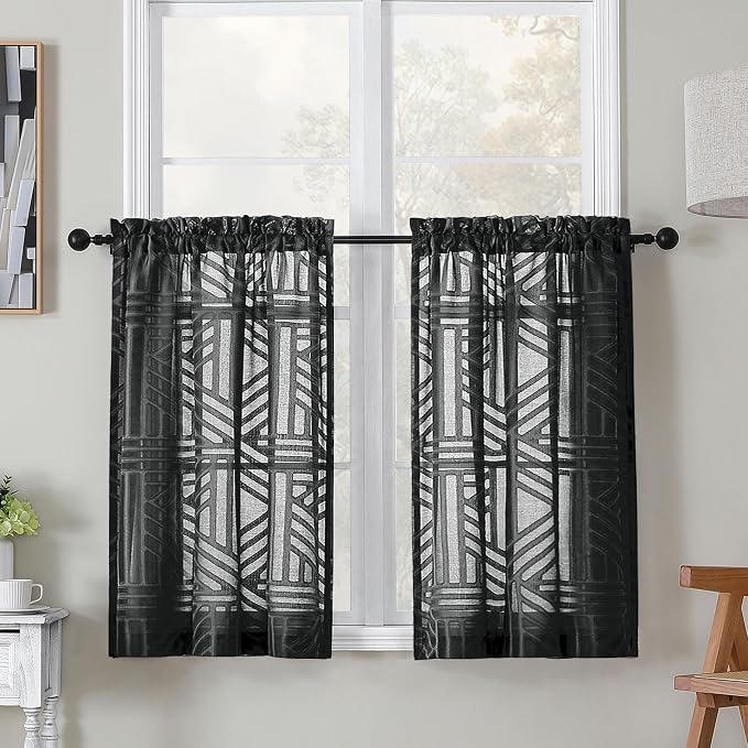 Simplebrand Semi Sheer Black Curtains 36 Inch Length 2 Panels, Geometric by Simplebrand