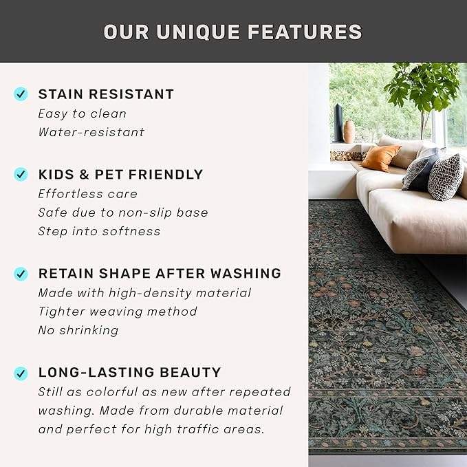 Washable Vintage 5x8 Living Room Rug, Dark Green Floral Area Rug - Image 7
