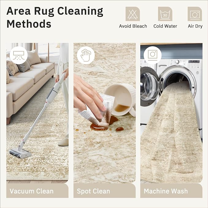5x7 Area Rugs Beige Low Pile Indoor Washable Trendy Faded Style Floral Rugs - Image 5