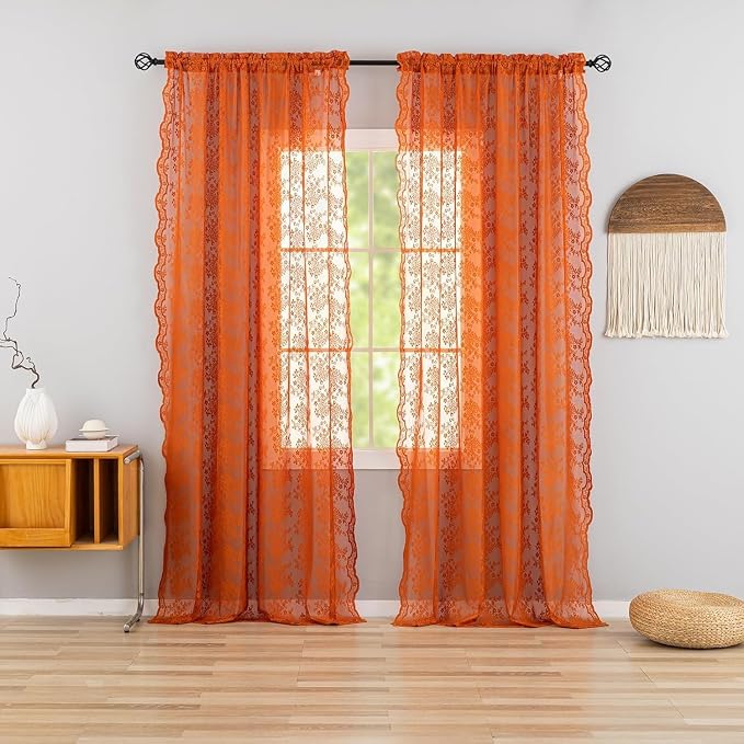 YJ YANJUN Vintage Lace Curtains 90 Inches Long-Rustic Floral Burnt Orange Sheer - Image 3