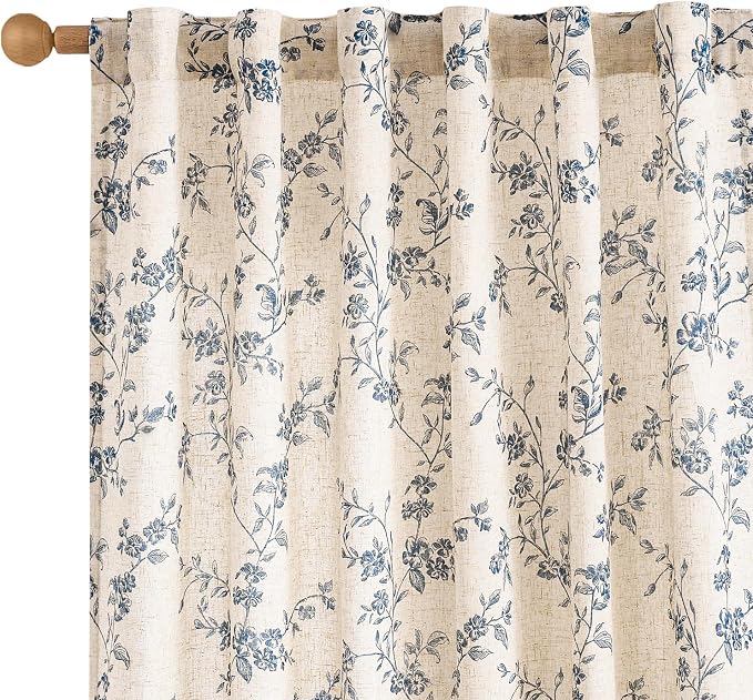 Lazzzy Farmhouse Linen Curtains Extra Long Blue Floral Curtains 108 Inch Long by Lazzzy
