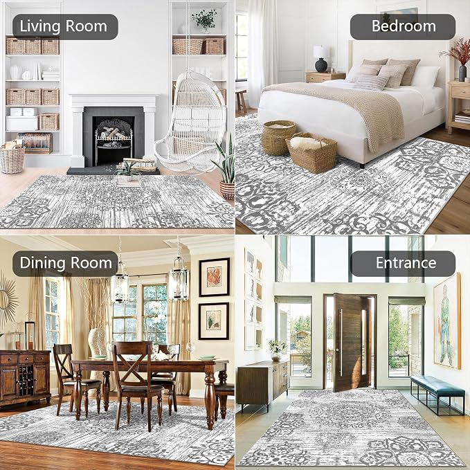 HEBE Washable Area Rug 8'x10' Non Slip Soft Distressed Medallion Bedroom & - Image 5