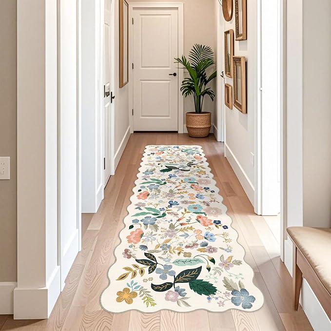 3x10 Washable Hallway Runner Rug: Long Floral Scalloped Soft Runners by HYHAOYUNLAI