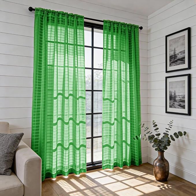 SpaceDresser Check Sheer Curtains 90 Inches 2 Panels Set, Rod Pocket Plaid - Image 4