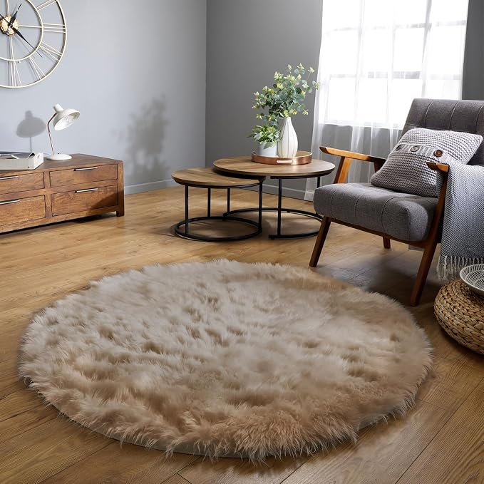 Latepis Round Rug 6.7ft Light Brown Beige Faux Fur Circle Rugs Washable Shag by Latepis