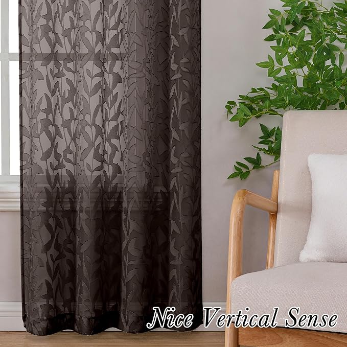 Lecloud Leia Chocolate Brown Sheer Curtains 84 Inches Long 2 Panels, Jacquard - Image 9