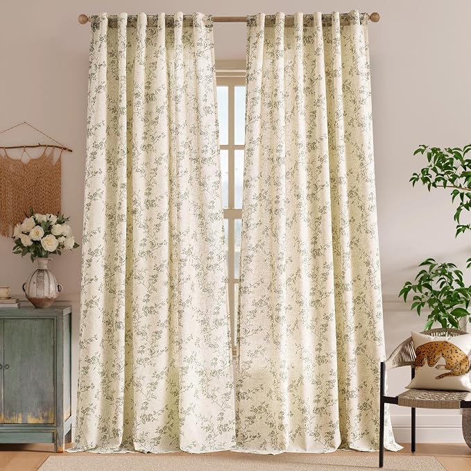 Lazzzy Farmhouse Linen Curtains Green Floral Curtains 96 Inch Length Back Tab - Image 2