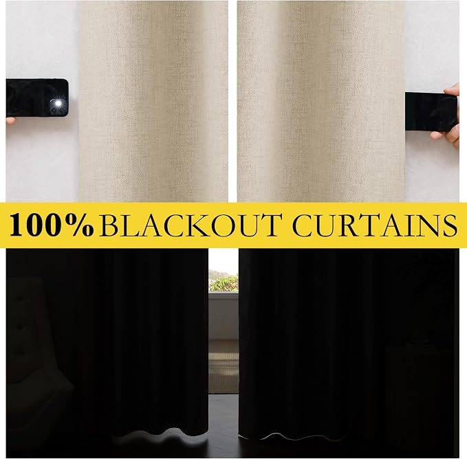 NICETOWN Cream Full Blackout Boho-Chic Linen Curtains 84 inch Long 2 Panels Set - Image 3