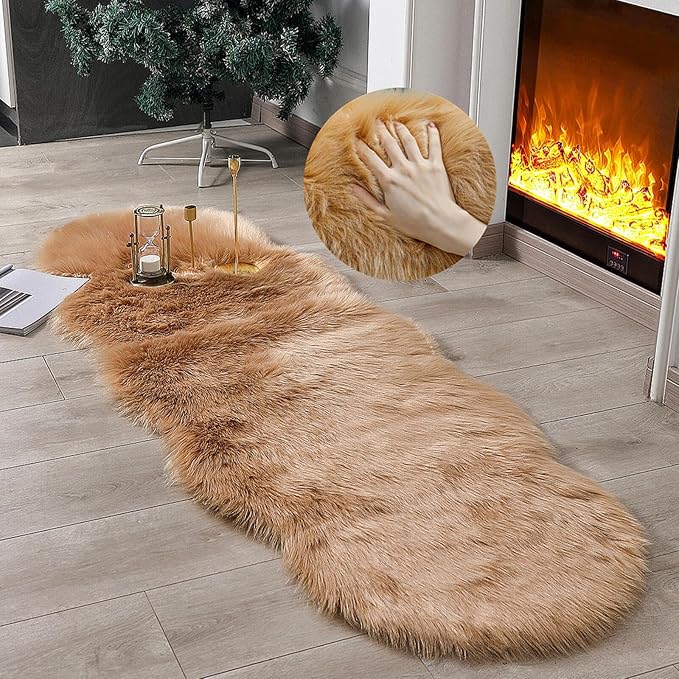 linmopm Faux Fur Rug Sheepskin Shag Fluffy Fuzzy Beige 2x6 ft Runner Rugs - Image 5