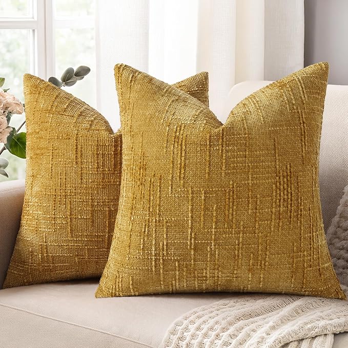 decorUhome Summer Mustard Yellow Chenille Throw Pillow Covers 18x18 Set of 2 by decorUhome