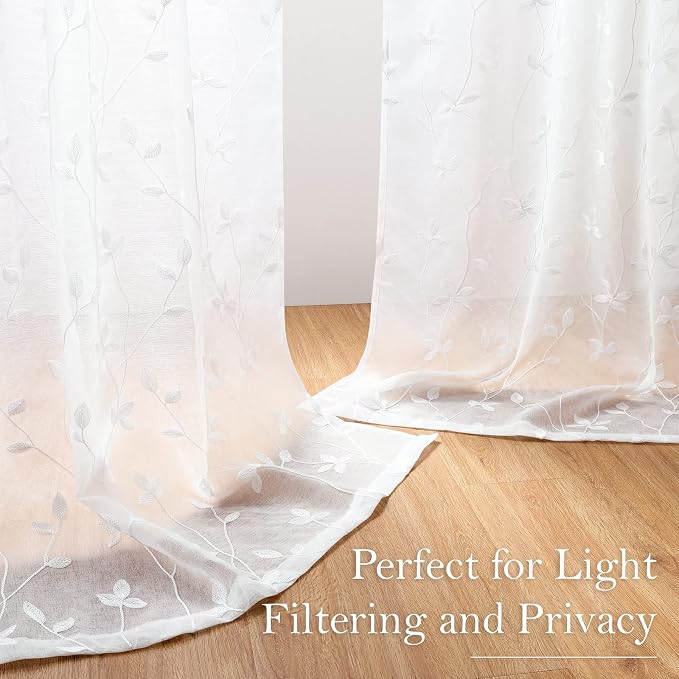 HOMEIDEAS White Sheer Curtains 52 X 84 Inches Length 2 Panels Embroidered Vine - Image 6