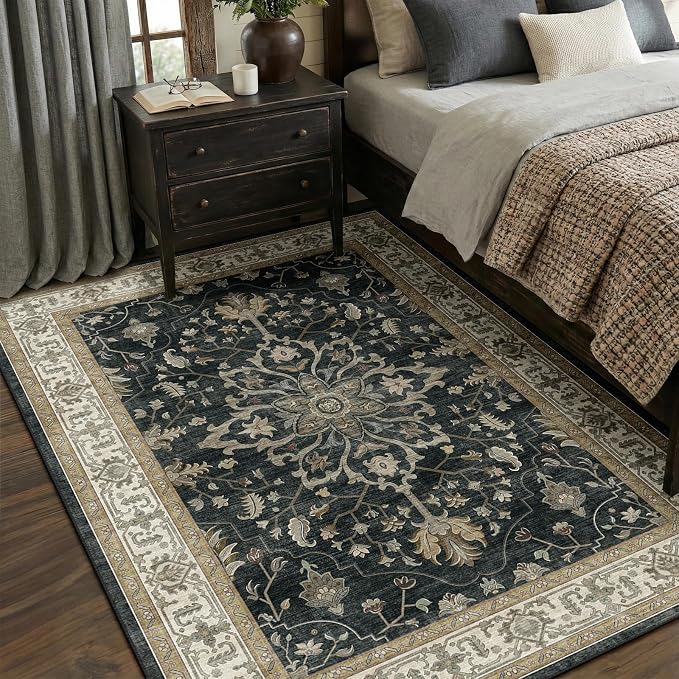 Area Rugs 5'x7' Washable Non-Slip, Floral Vintage Distress Print Pattern - Image 3