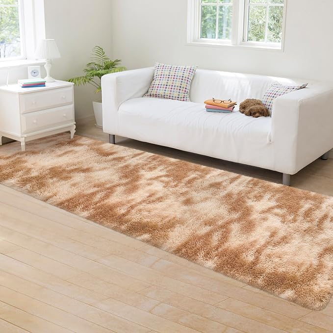 Super Soft Fluffy Living Room Area Rugs 2x8 ft Tie-Dyed Beige Shaggy Furry - Image 3