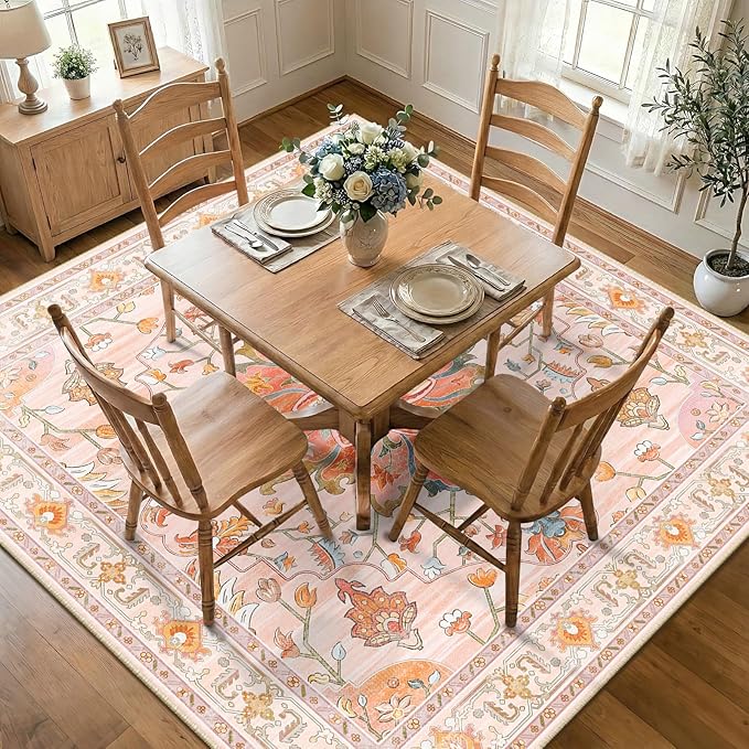RELEANY Area Rugs Square 8ft Washable Non-Slip, Floral Vintage Distress Print - Image 2