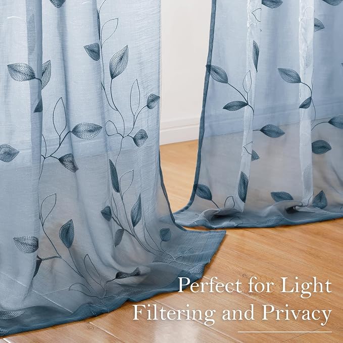 HOMEIDEAS Stone Blue Floral Sheer Curtains 84 Inches Long 2 Panels Embroidered - Image 7