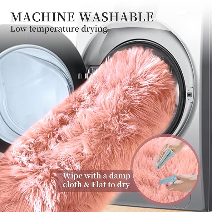 ORINOVA Pink Shag Faux Sheepskin Washable Fur Rug - Image 5
