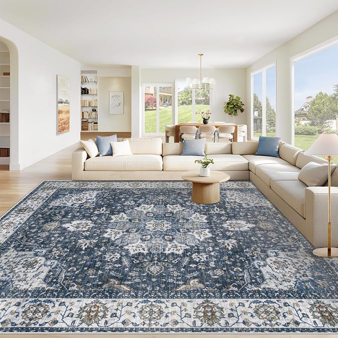 Area Rug 9x12 Washable Rug, Vintage Boho Medallion Rugs Non-Slip Soft Low Pile by VECARF