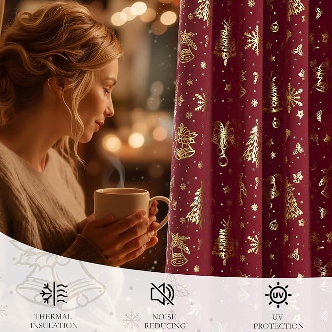 NICETOWN 2 Panels Red Christmas Curtains W42 x L63 in, Rod Pocket Gold Stamping - Image 6